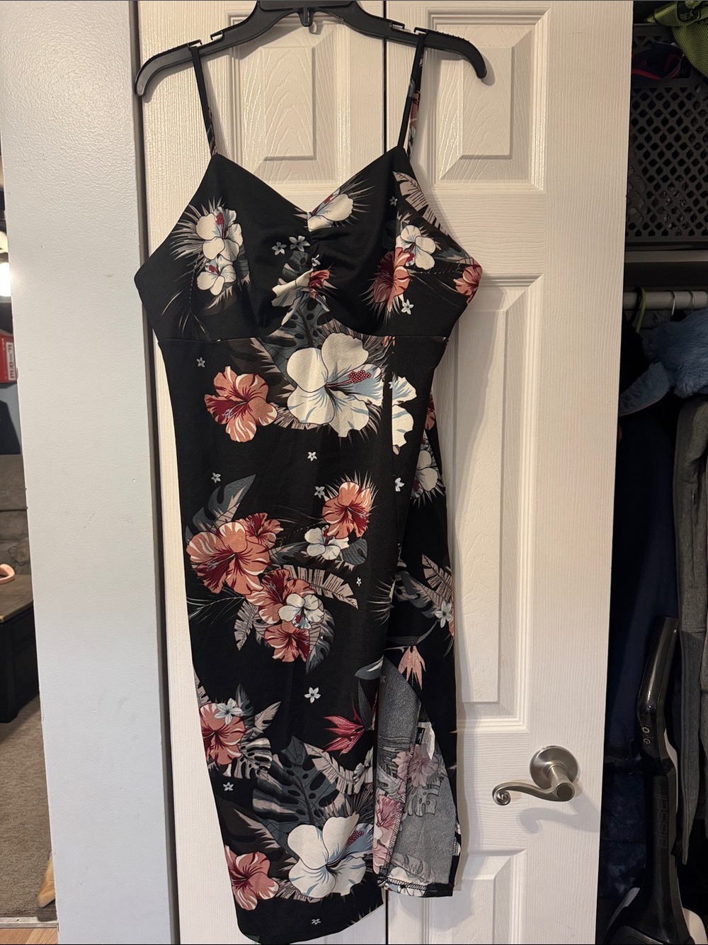 SHEIN Black Floral Spaghetti-Strap Midi Dress with Cream & Pink Blooms